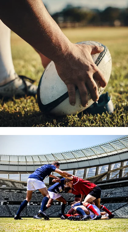 Close-up action shot capturing the beginning of a rugby game on a professional outdoor field.
